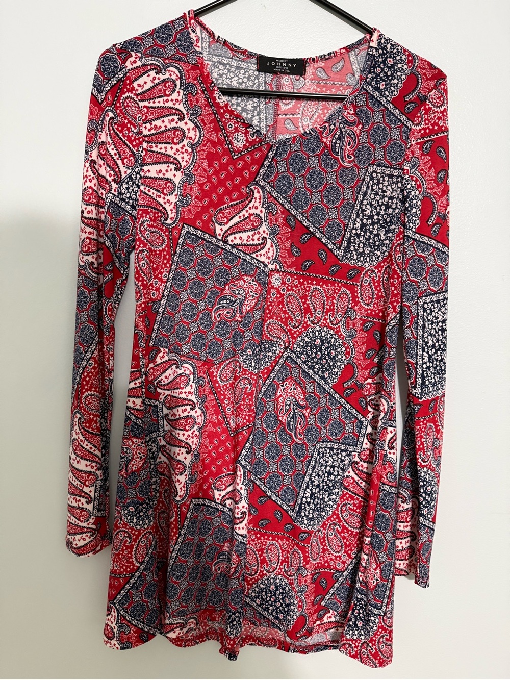 Made By Johnny Red and Navy Patchwork Paisley Long-Sleeve Top